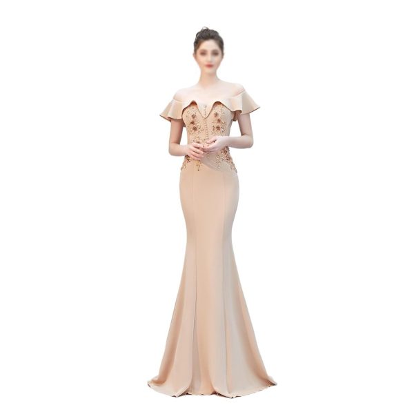 Wedding Evening Dress Ladies Toasting Wedding Long Dress Word Shoulder Thank-You Dinner Slim-fit Dress(Large)