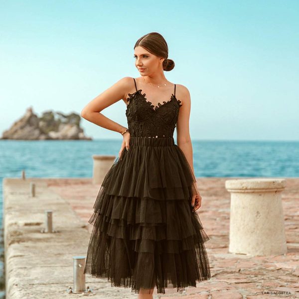 Women's Nude Pink/Black Tiered Layered Mesh Ballet Prom Party Tulle Tutu A-line Midi Skirt