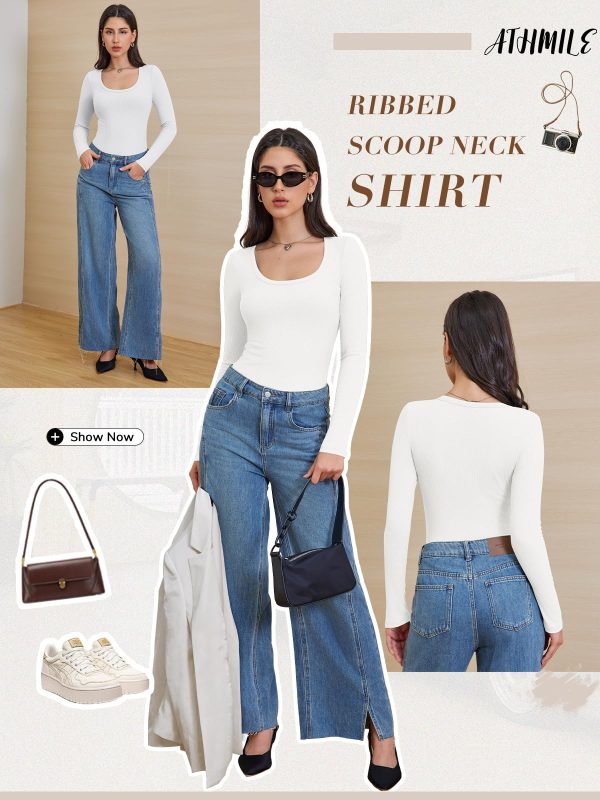 Womens Tops Ribbed Scoop Neck Knit Slim Fitted Casual Basic Tee Shirts for Women Fashion Trendy 2025