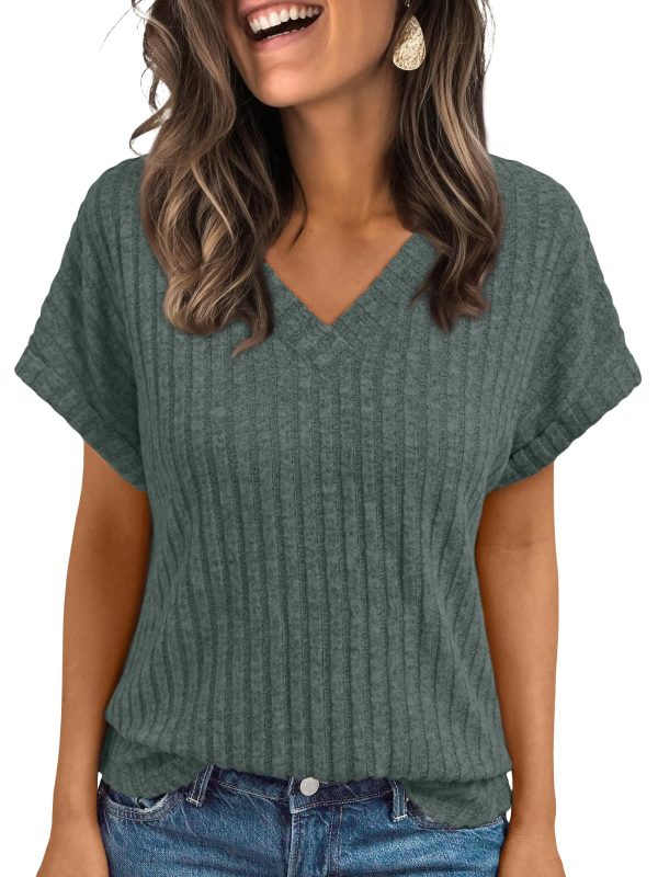 Women Tops Summer Sweaters Short Sleeve V Neck Shirts 2025 Spring Fashion Dressy Casual Business Tunic Blouses