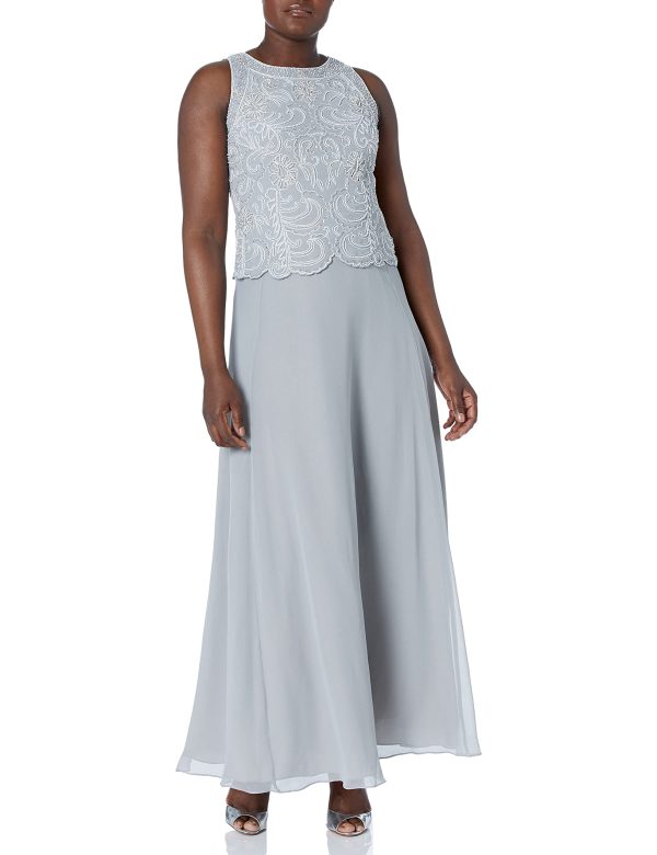 Women's Sleeveless Scallop Long Beaded Dress W/Scarf