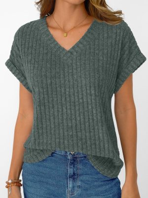 Women Tops Summer Sweaters Short Sleeve V Neck Shirts 2025 Spring Fashion Dressy Casual Business Tunic Blouses