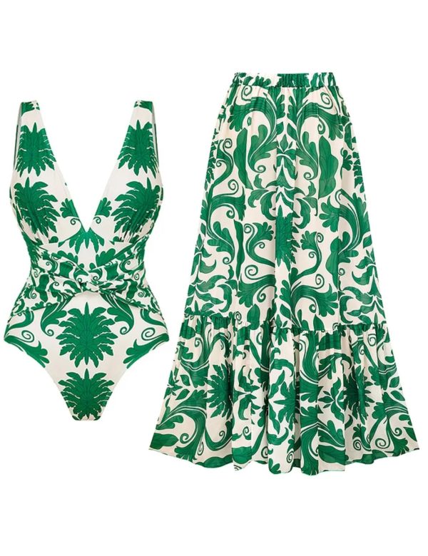 Women's Bathing Suit Printed Wrap Tummy Control One Piece V Neck Crisscross Swimsuit and Skirt