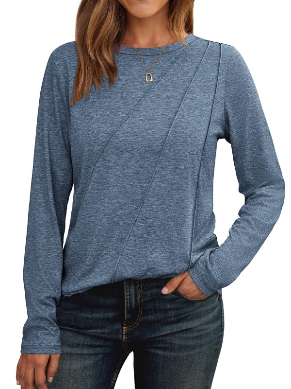Womens Long Sleeve Shirts Pleated Crew Neck Casual Fall Fashion Tops Loose Fit Lightweight Girls Outfits Clothes